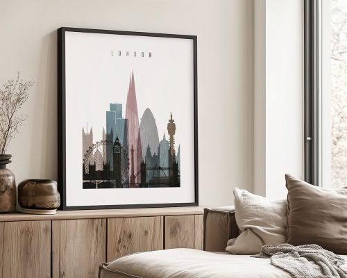 Framed artwork depicting a silhouette of London's skyline with various iconic buildings.