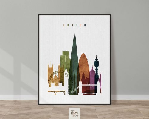Art print featuring a stylized silhouette of London's skyline with notable landmarks.