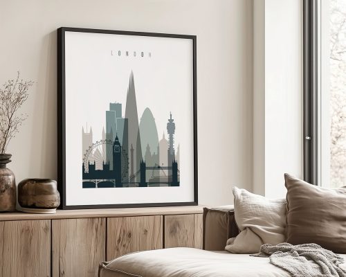 Framed artwork depicting a silhouette of London's skyline with notable landmarks.