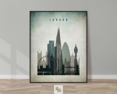 Silhouette of London skyline featuring iconic buildings and structures in a framed print.