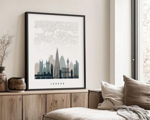 Framed print of London skyline with a map background, featuring iconic buildings and landmarks.