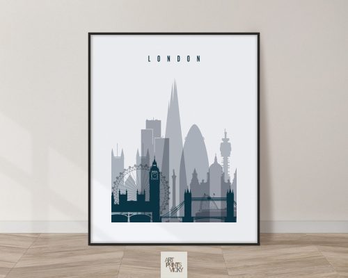 Silhouette of London skyline featuring iconic structures like the London Eye and Tower Bridge.
