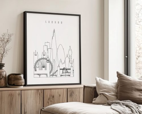 Framed line art print depicting the London skyline with notable landmarks in a minimalist style.