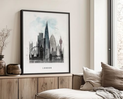 Framed artwork depicting a stylized cityscape of London with notable landmarks.