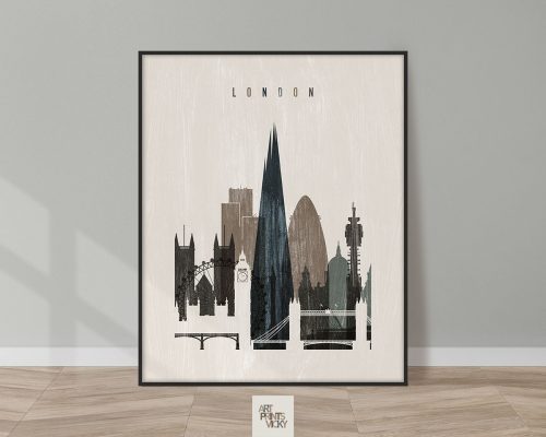 Artistic representation of the London skyline featuring notable buildings and landmarks.