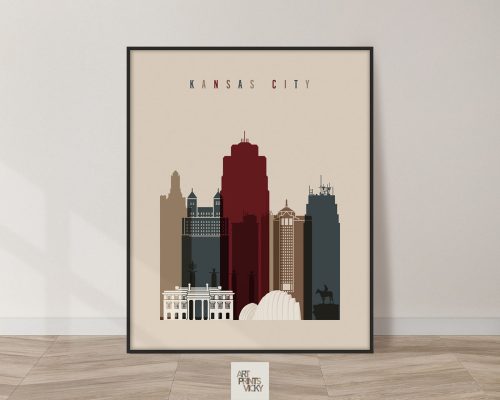 Stylized illustration of the Kansas City skyline featuring various buildings in muted colors.