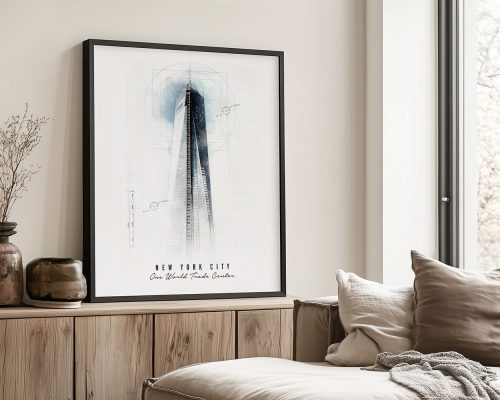 Art print of One World Trade Center in New York City with a minimalist design and text.
