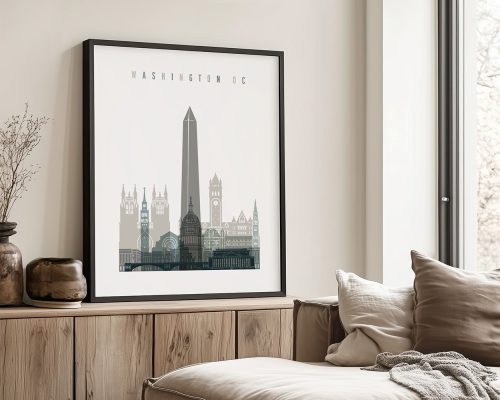 Framed print of Washington DC skyline featuring notable landmarks and the Washington Monument.