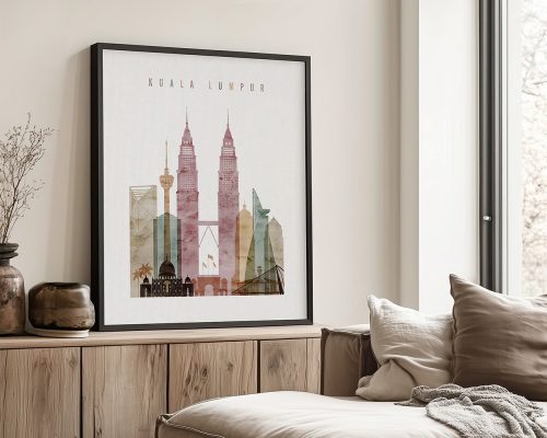 Art print of Kuala Lumpur featuring the Petronas Towers and other landmarks in pastel colors.