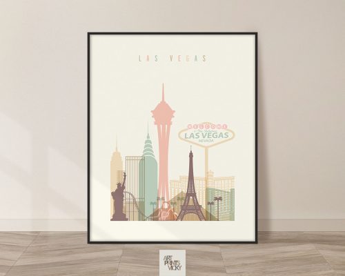 Art print featuring a stylized cityscape of Las Vegas with iconic landmarks.