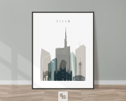 Art print featuring a stylized skyline of Milan with various building silhouettes in muted colors.