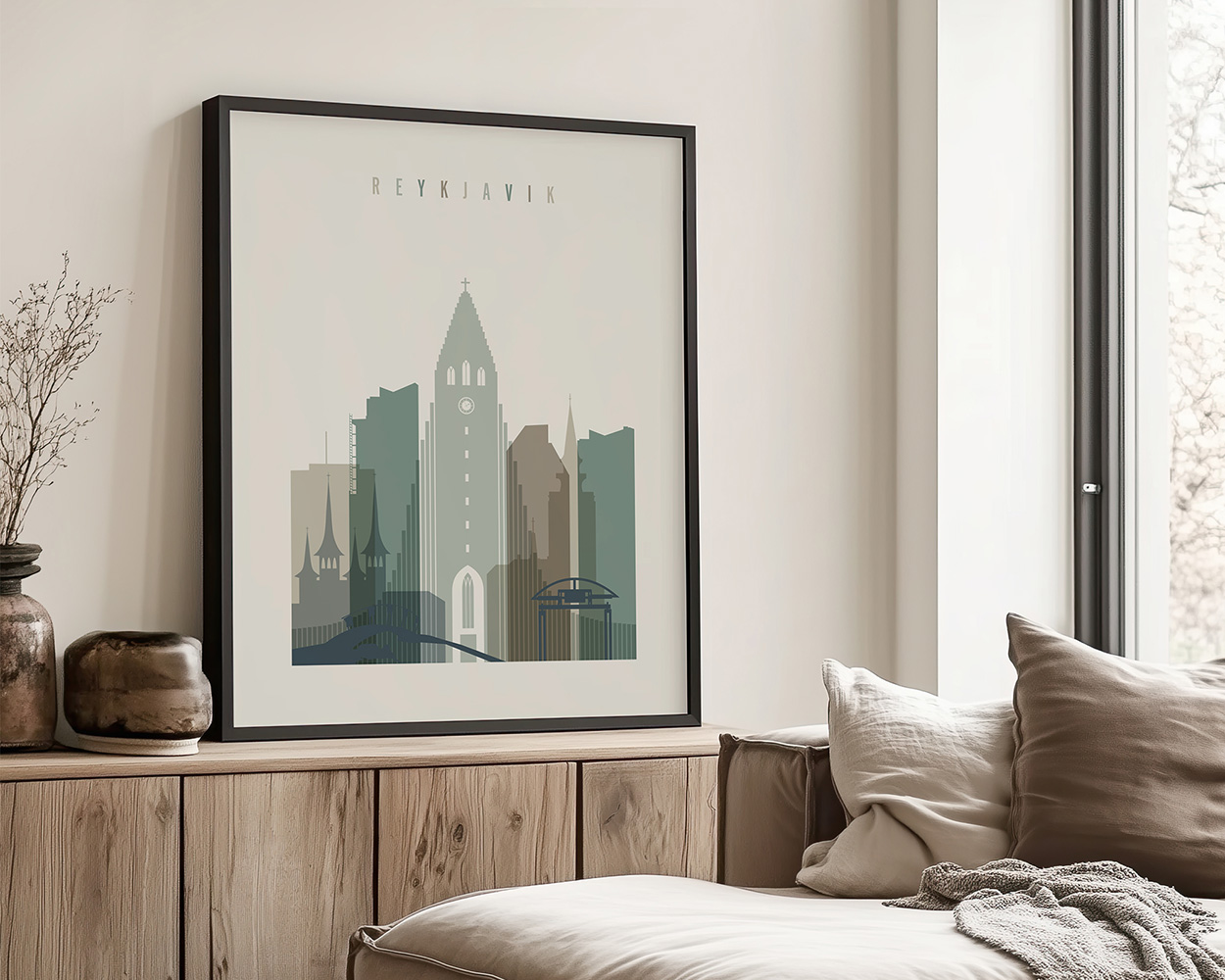 Framed art print of Reykjavik cityscape featuring buildings and a bridge in muted colors.