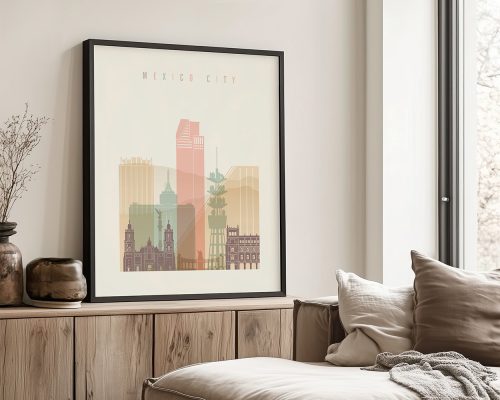Framed art print of Mexico City featuring stylized buildings and landmarks in pastel colors.