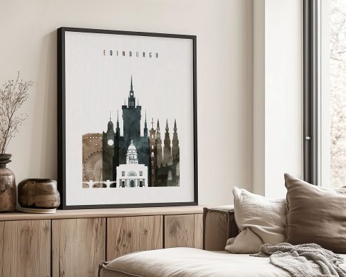 Framed artwork of Edinburgh cityscape featuring notable buildings and landmarks in a minimalist style.