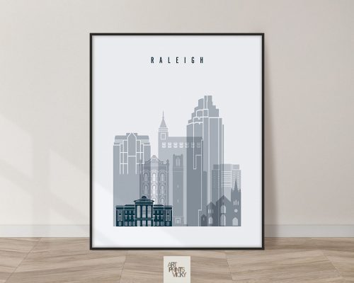 Art print featuring a stylized skyline of Raleigh with various building silhouettes.