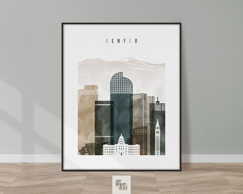 Art print featuring a stylized cityscape of Denver with buildings and mountains in neutral tones.