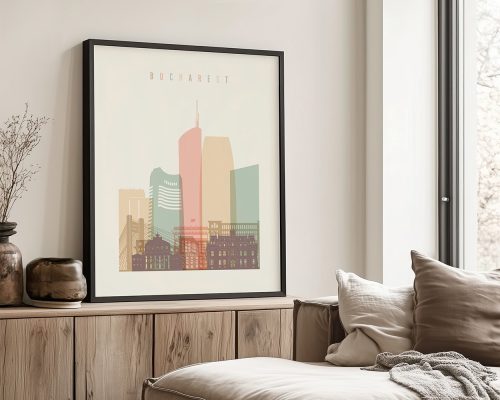 Framed artwork depicting a stylized cityscape of Bucharest with pastel colors.
