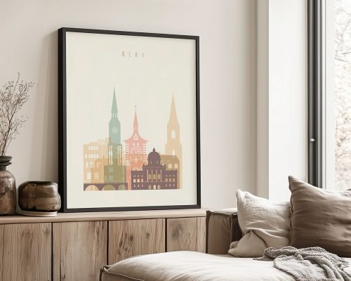 Art print featuring a stylized cityscape of Bern with notable buildings and towers.