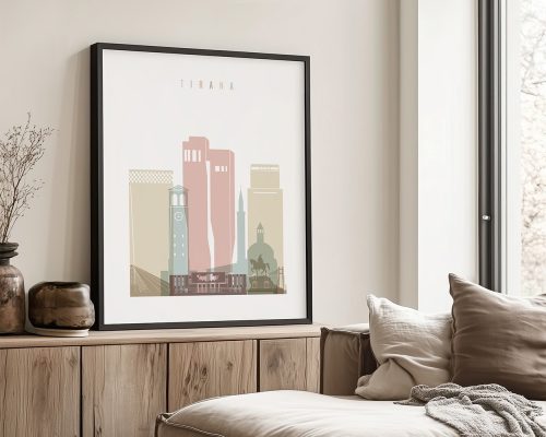 Art print of Tirana featuring stylized buildings and landmarks in pastel colors.