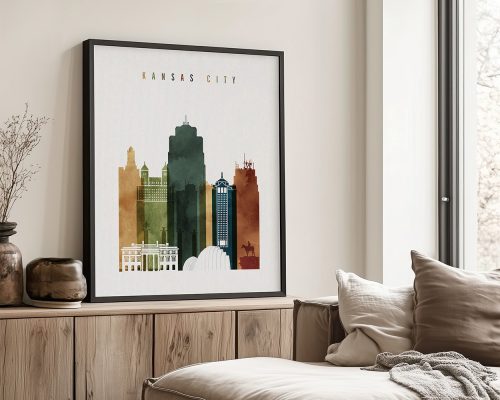 Art print featuring a stylized skyline of Kansas City with various building silhouettes in earthy tones.