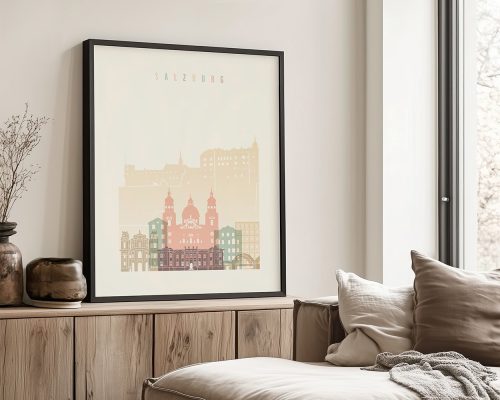 Art print of Salzburg featuring buildings and landmarks in pastel colors.