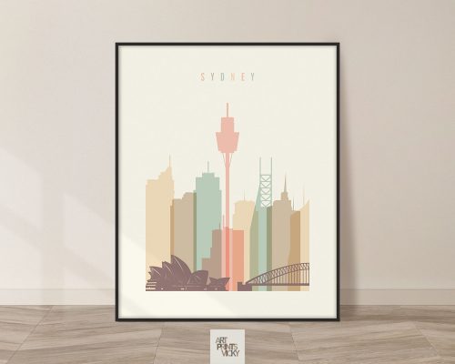 Stylized illustration of the Sydney skyline featuring iconic buildings and landmarks.