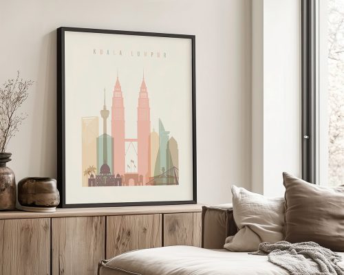 Art print featuring a stylized illustration of Kuala Lumpur's skyline with notable buildings.
