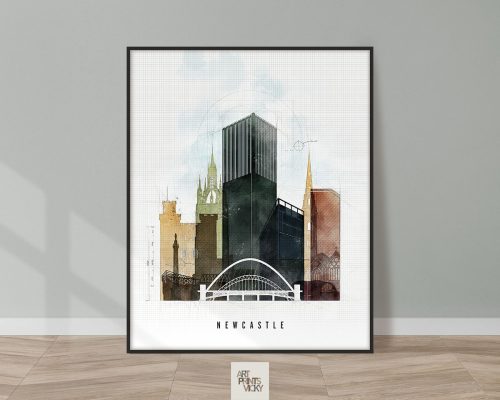Artistic representation of Newcastle city skyline featuring modern and historical buildings.