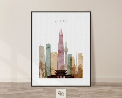 Art print featuring a stylized skyline of Seoul with notable buildings and landmarks.