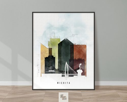 Art print featuring a stylized cityscape of Wichita with buildings in various colors.