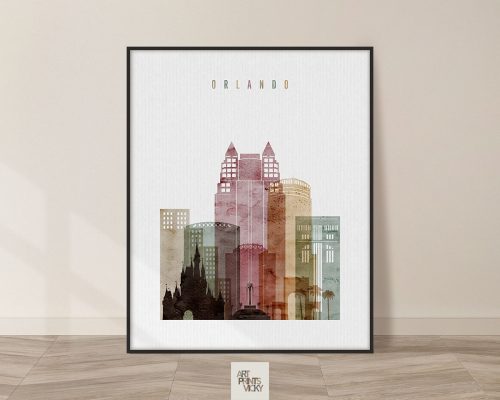 Art print featuring a stylized depiction of the Orlando city skyline with various building silhouettes.