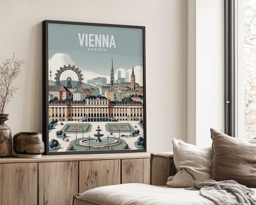 Art print featuring a stylized illustration of Vienna, Austria, with notable landmarks and a ferris wheel.