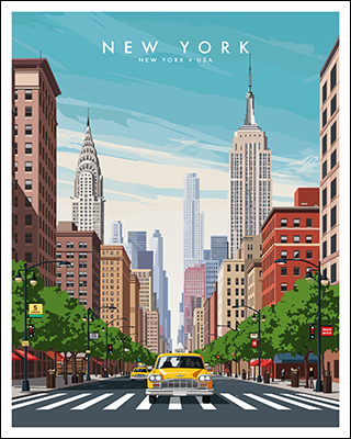 Illustration depicting a street view of New York City with yellow taxi and skyscrapers.