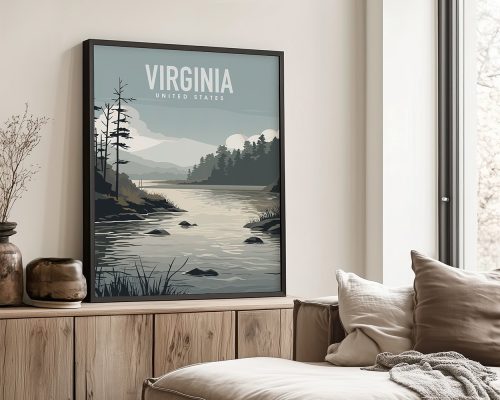 Art print featuring a serene landscape of Virginia with mountains and a river.