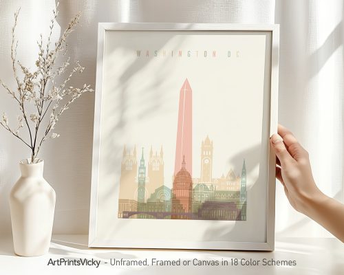 Art print featuring a stylized cityscape of Washington DC with notable landmarks.