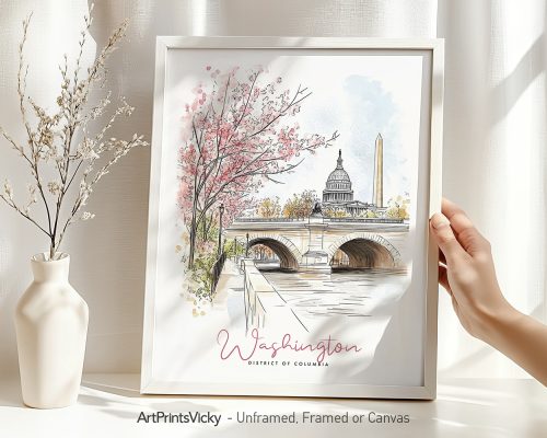 Illustration of Washington DC featuring the Capitol building and a bridge with cherry blossoms.