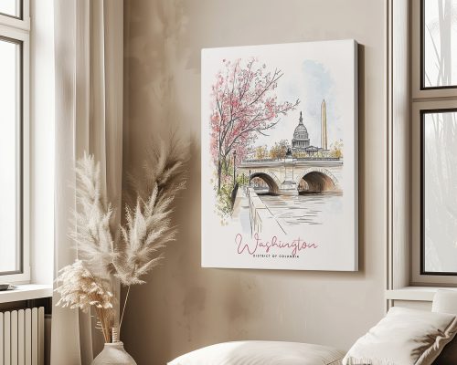 Illustration of Washington, D.C. featuring the Capitol building, a bridge, and cherry blossom trees.