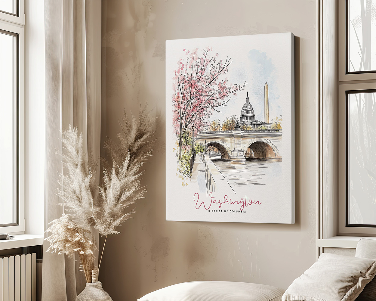 Illustration of Washington, D.C. featuring the Capitol building, a bridge, and cherry blossom trees.