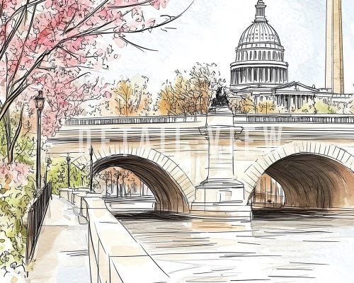 Illustration of the United States Capitol building and a bridge over water with trees in the foreground.