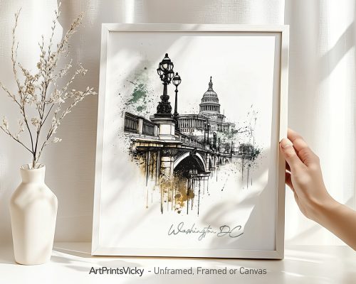 Illustration of the U.S. Capitol building and a bridge with artistic splashes of color.