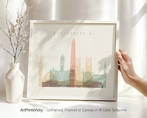 Art print of Washington DC skyline featuring notable buildings and monuments in pastel colors.