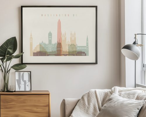 Art print of a stylized landscape featuring notable buildings from Washington DC.