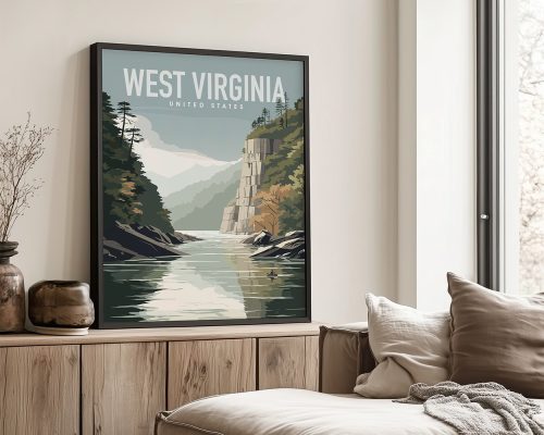 Art print featuring a landscape of West Virginia with mountains and a river.