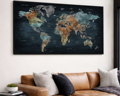 World Map Wall Art Poster Panoramic, Dark Bluish Watercolor