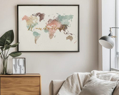 Artistic world map with watercolor effects and the word 'Wanderlust' in gold lettering.