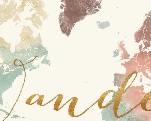 Artistic representation of a world map with soft colors and decorative lettering.