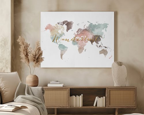 Artistic world map featuring soft colors and the word 'Wanderlust' in gold lettering.