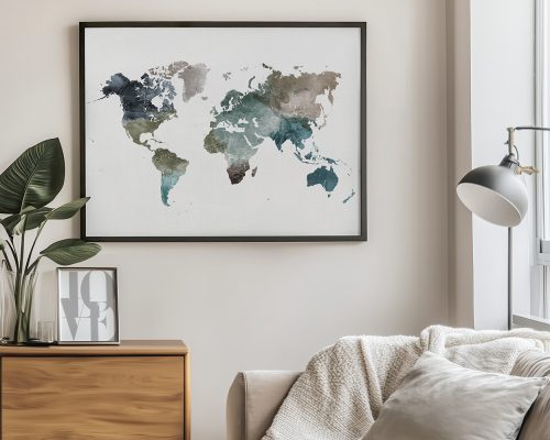 Watercolor illustration of a world map with various shades of blue and green.