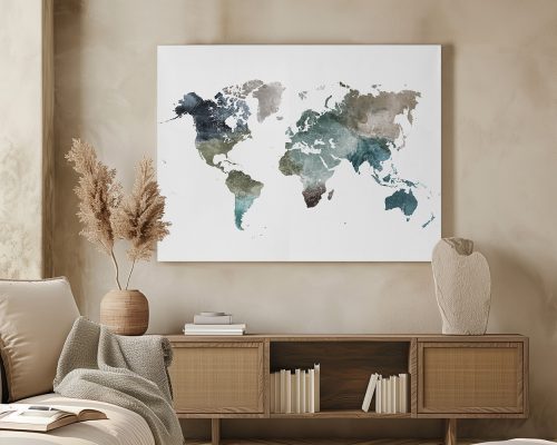 Watercolor world map artwork featuring various shades of blue and green on a white background.
