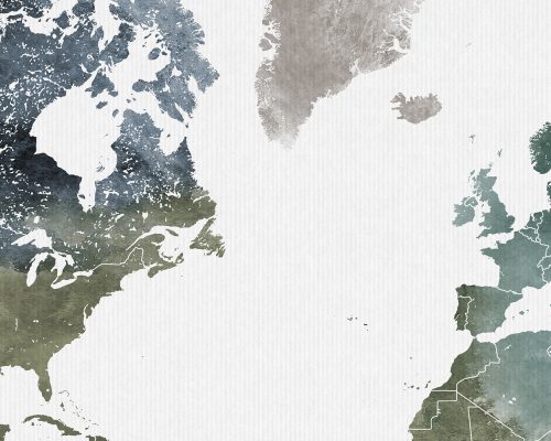 Watercolor illustration of a world map with muted colors and a textured background.